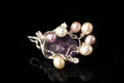 VINTAGE AMETHYST FAUX PEARL RHINESTONE STERLING SILVER PENDANT D100-15 - Image 1 of 4