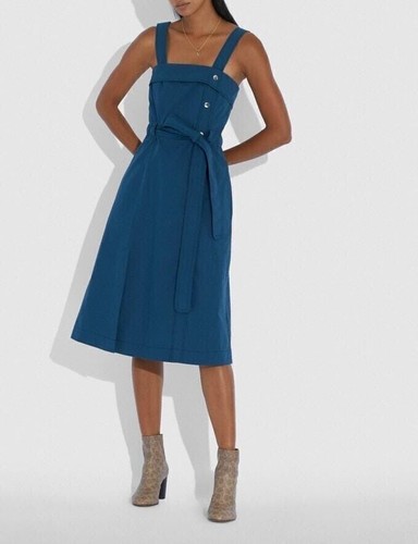 Abito Coach cravatta vita midi senza maniche con bottoni a scatto cerniera posteriore blu taglia 00