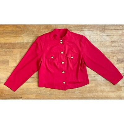 复古短红色夹克女式 L 码 1990 年代斜纹军用风格西装外套 — 第 1/4 张图片