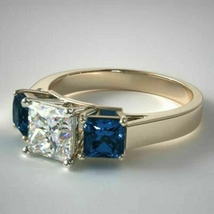3Ct Princess Lab-Created Sapphire Diamond Trilogy Ring 14K Yellow Gold Plated - Picture 1 of 6