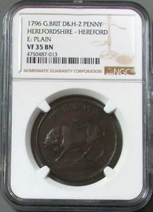 1796 GREAT BRITAIN PENNY HEREFORDSHIRE  BULL CONDER TOKEN NGC VF 35 BN D&H-2 - Picture 1 of 3