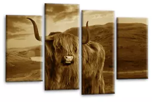 Imagen de arte de pared escocesa de las Tierras Altas Sepia marrón vaca panel dividido enmarcado - Imagen 1 de 5