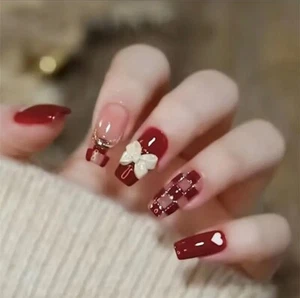 24 Medium Coffin Red Checkered 3D White Bow Heart Press On False Nails Brand New - Picture 1 of 5