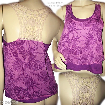 Y2K Dream Out Loud Selena Gomez Crochet Racerback Tank Top M Tiered Purple Palm - Image 1 of 4