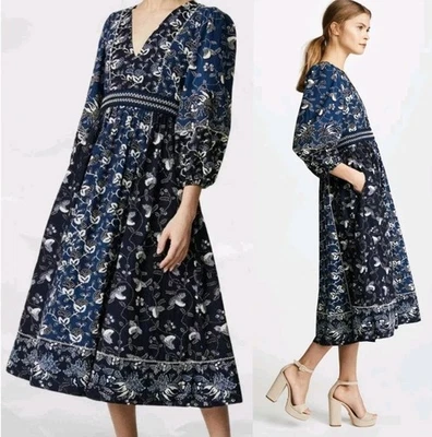 Vestido Ulla Johnson Iona Patchwork Midi Azul Índigo Batik Bordado Talla 2 Foto 1 de 4