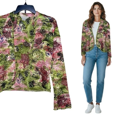 Alberto Makali Crinkle Blazer S Beaded Flower Art to Wear Green Pink Asian Inspo - Image 1 of 4