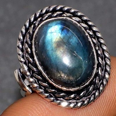 Anillo Labradorita Ardiente Chapado en Plata 925 Hecho a Mano EE. UU. 8 Hecho a Mano Regalo GW Foto 1 de 3