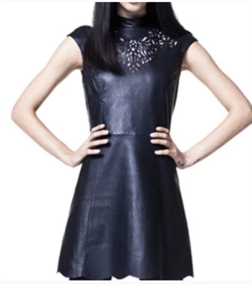 SISLEY лазерной резки украшенное платье из черной кожи назад молнии сделано в Индии размер M - Изображение 1 из 4