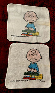 Vintage 1970’s Charlie Brown Washcloth Set Of 2, 10 1/2” X 10 1/2”, Original
