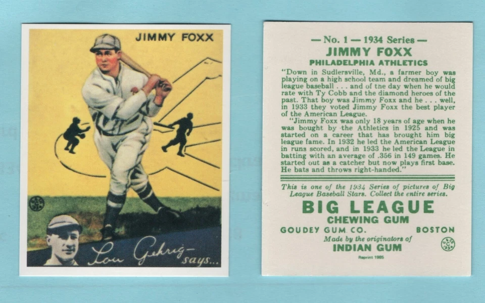 1934 Goudey Béisbol Reimpresión #1 Jimmy Foxx -- Filis -- Caja 741 Foto 1 de 1