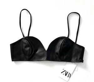 ZARA Real LEATHER CROP TOP Bra BRALETTE Size L LIMITED EDITION Black BNWT Rare! - Picture 1 of 17