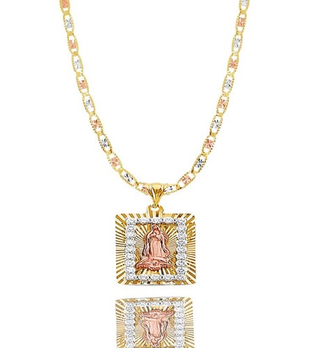 Ciondolo religioso timbro oro 14 kt tre Vergine Maria Guadalupe catena Valentino