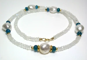 11mm silver-white South Sea pearl, apatite, moonstone & gold vermeil necklace - Picture 1 of 4