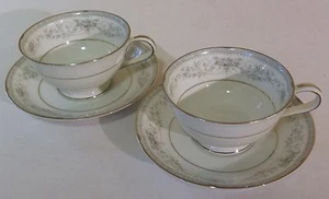 Noritake Footed Coffee Tea Cup Set Colburn #6107 Pattern Blue W Platinum Trim - Picture 1 of 4
