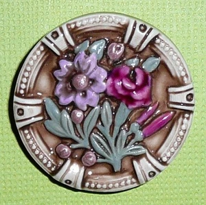 Gorgeous Purple Flowers Floral Art Stone Ceramic Shank Button - 1-3/16" - Picture 1 of 3