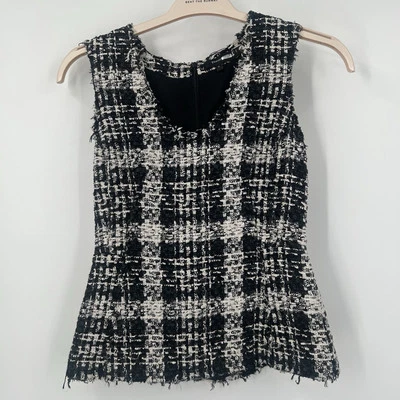 Theory Sculpt U 领女式衬衫黑色白色橡胶粗花呢上衣 $295 P 码 — 第 1/4 张图片