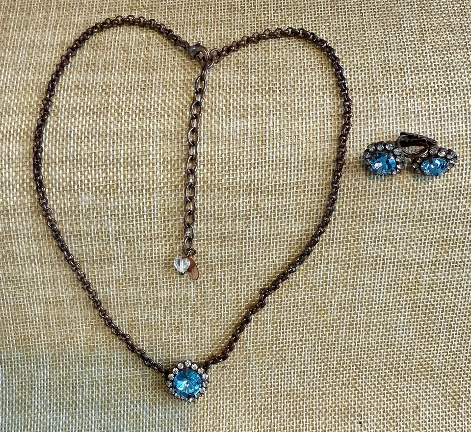 Swarovski Aquamarine Crystals  W/  Crystals Surrounding Copper Necklace Set  #52 - Image 1 of 3
