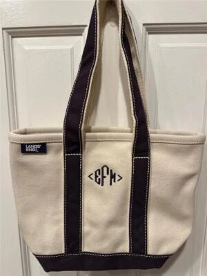 Bolso de Mano Lands End Pequeño Cremallera Asas Largas Azul Marino Lona Bordado "EFM" NUEVO Foto 1 de 3