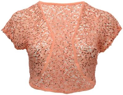 Coral Orange Sequin Lace Bolero Shrug Party Open Front Top Cover Womens Plus - Image 1 of 2