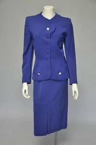 Vintage 1940s Cobalt Blue Skirt Blazer Suit Set Wool Gab Pockets Rhinestones S - Picture 1 of 9