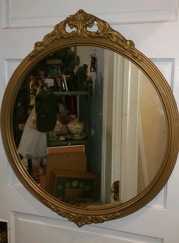 ANTIQUE WOOD CARVED GOLD GESSO GILTWOOD FRAMED ROUND GLASS MIRROR 30" X 26" Cover