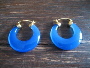 exklusive Ohrringe Hänger große Creolen blauer Achat  925er Silber gold blau NEU - Picture 1 of 3