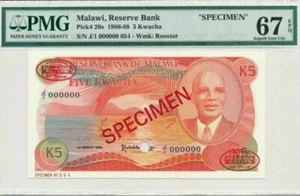 1986 MALAWI 5 Kwacha "SPECIMEN" PMG67 EPQ SUPERB GEM UNC <P-20s> - Picture 1 of 2