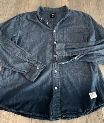 Camisa Stussy Para Hombres Manga Larga Dos Tonos Azul Denim Botón Ropa de Calle Grande Foto 1 de 4