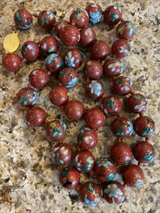 Chinese Red Turquoise Enamel Flowers Single Knotted Cloisonné Beads Necklace 24” - Picture 1 of 7