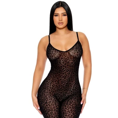Leopard Print Jumpsuit Velvet Flocked Sheer Mesh Sleeveless Black 773048 Small - Image 1 of 4