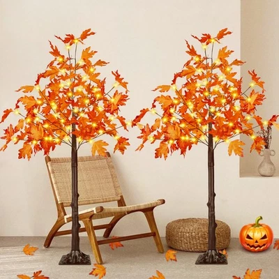 Pack de 2 árboles de arce iluminados artificiales de 4 pies, decoraciones de otoño para el hogar con tiempo... Foto 1 de 4