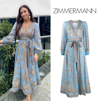 Nuevo con etiquetas Maxi Vestido Zimmermann Fiesta Azul Estampado Paisley Algodón Manga Larga Envolvente AU1 Foto 1 de 4