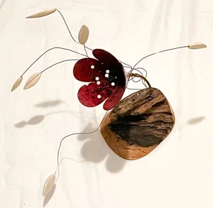 Vintage Copper Wire Sculpture Flower on Hand Carved Wood Base MCM 14' tall - Picture 1 of 5