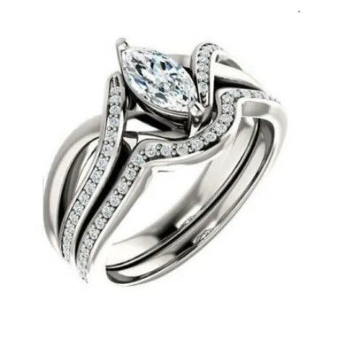 1Ct White Marquise Cut CZ Bridal Wedding Ring Set In Solid 925 Sterling Silver - Image 1 of 3