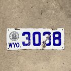 1916 Wyoming Porcelain License Plate Four Digit 3038 White Blue Auto Garage