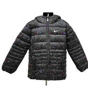 NWT Nike Girls Black Multi/ Swoosh Pattern Hooded Zip-Up Coat Sz 6x - Picture 1 of 7