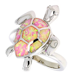 Fine Women Silver Rhodium Plated Pink Simulated Opal Sea Turtle Ring 22mm - Picture 1 of 1