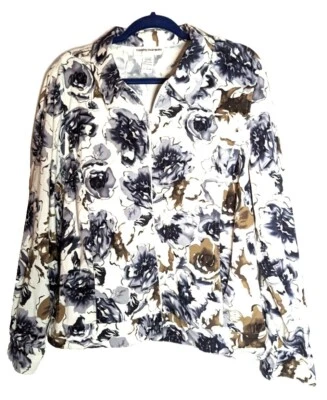Chaqueta CATHY DANIELS Grande Gris Marrón Floral Algodón Elástico Manga Larga Cremallera Foto 1 de 4