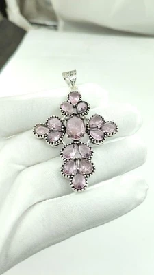 Colgante Cruz Kuncita Rosa - Chapado en Plata Cristal Curativo Joyería Espiritual Foto 1 de 4