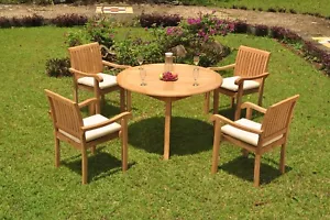 5-Piece Outdoor Teak Dining Set: 48" Round Table, 4 Stacking Arm Chairs Napa - Picture 1 of 6