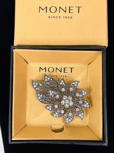 Vintage Signed MONET Filigree Flower Brooch Pin Silver Tone Art Deco Rhinestones - Picture 1 of 8