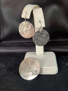 Vintage Mexico Sterling Silver Earrings And Brooch 9-22 - Picture 1 of 7