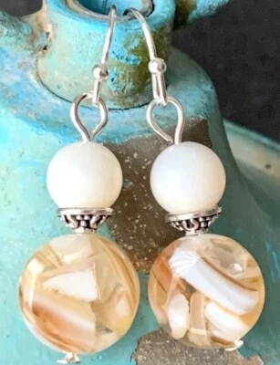 Silver and Mother of Pearl Chip Dangle Earrings. Summer. Beach. Ocean - Image 1 of 3