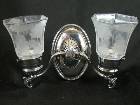 Vintage Art Deco Chrome Plate W/ Cut/Etched Frosted Glass Wall Sconce Light NOS Cover