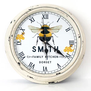 Personalised Kitchen Wall Clock Bumblebee Family Name Round Glass Bee Gift KRC01 - Picture 1 of 24