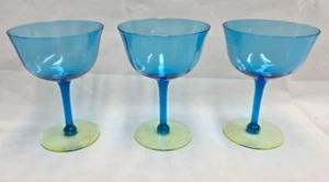 SET OF 3 TIFFIN BLUE/YELLOW VASELINE GLASS COCKTAIL - Picture 1 of 8