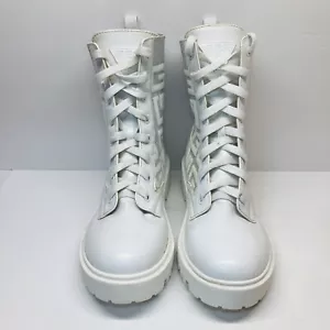 Guess 6.5 M White Lace Up Combat Style Boots With Monogram - Picture 1 of 14
