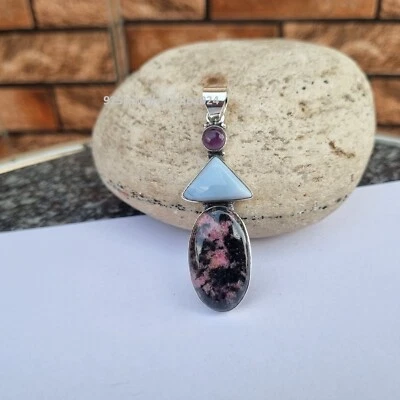 Colgante único de piedras preciosas de rodonita y larimar colgante de plata de ley 925 PG4368 Foto 1 de 4