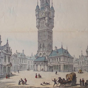 Clock Tower Bergues Frankreich Historische Ansicht Lithografie 1 Hälfte 19 Jh - Picture 1 of 4