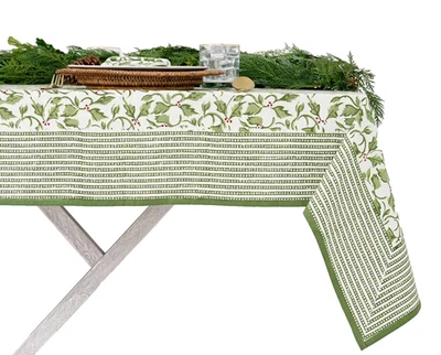NWOT POMEGRANATE 100% Cotton Block Printed Holly Berry Tablecloth 60x90" - Image 1 of 4